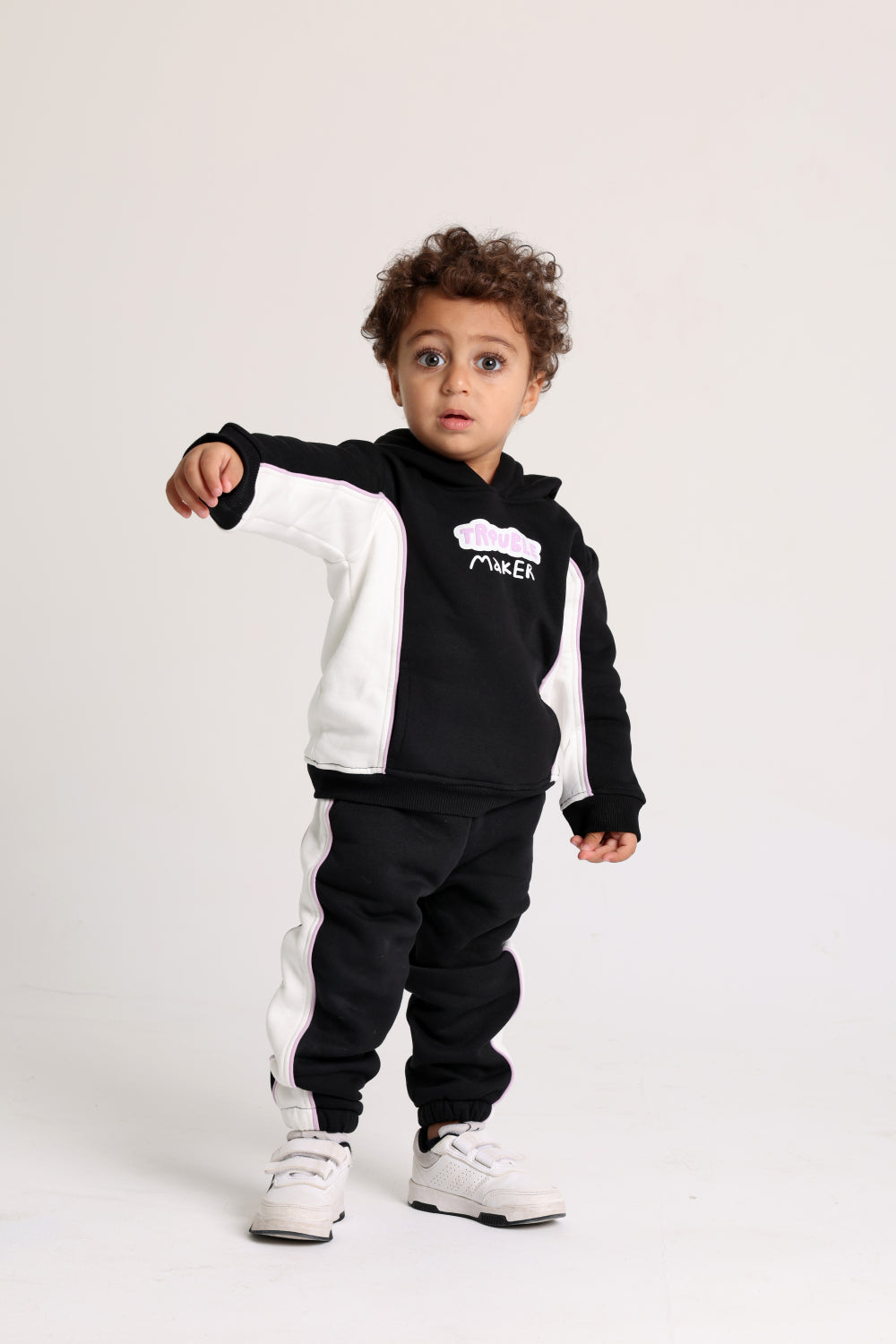 unisex cotton hoodie - black & offwhite with "trouble maker" print