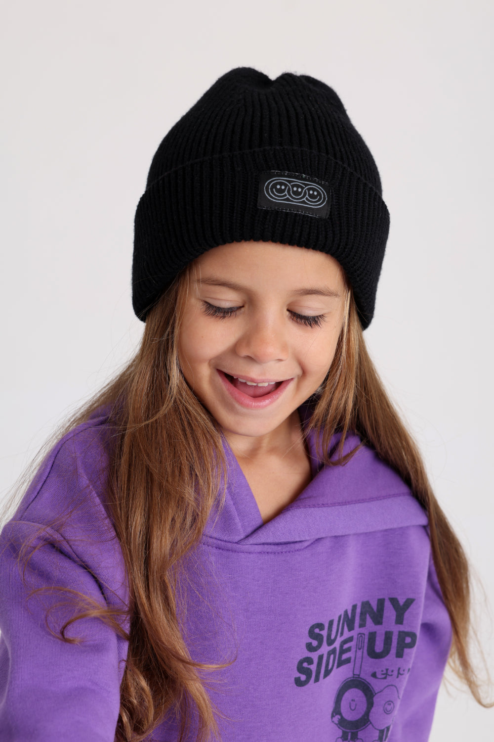 unisex cozy blend beanie – black with triple smiley vibes