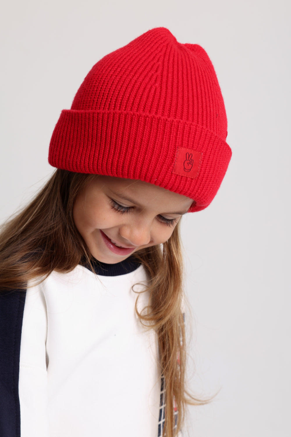 unisex cozy blend beanie – red with victory sign print