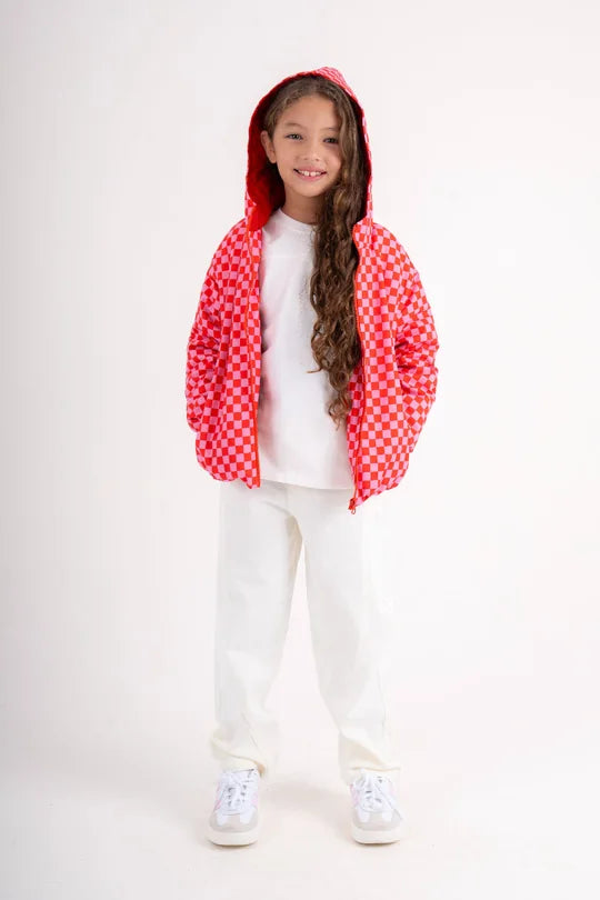look: red and pink checkered waterproof jacket