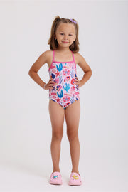 girls one-piece sleeveless swimsuit – pink with under the sea print
