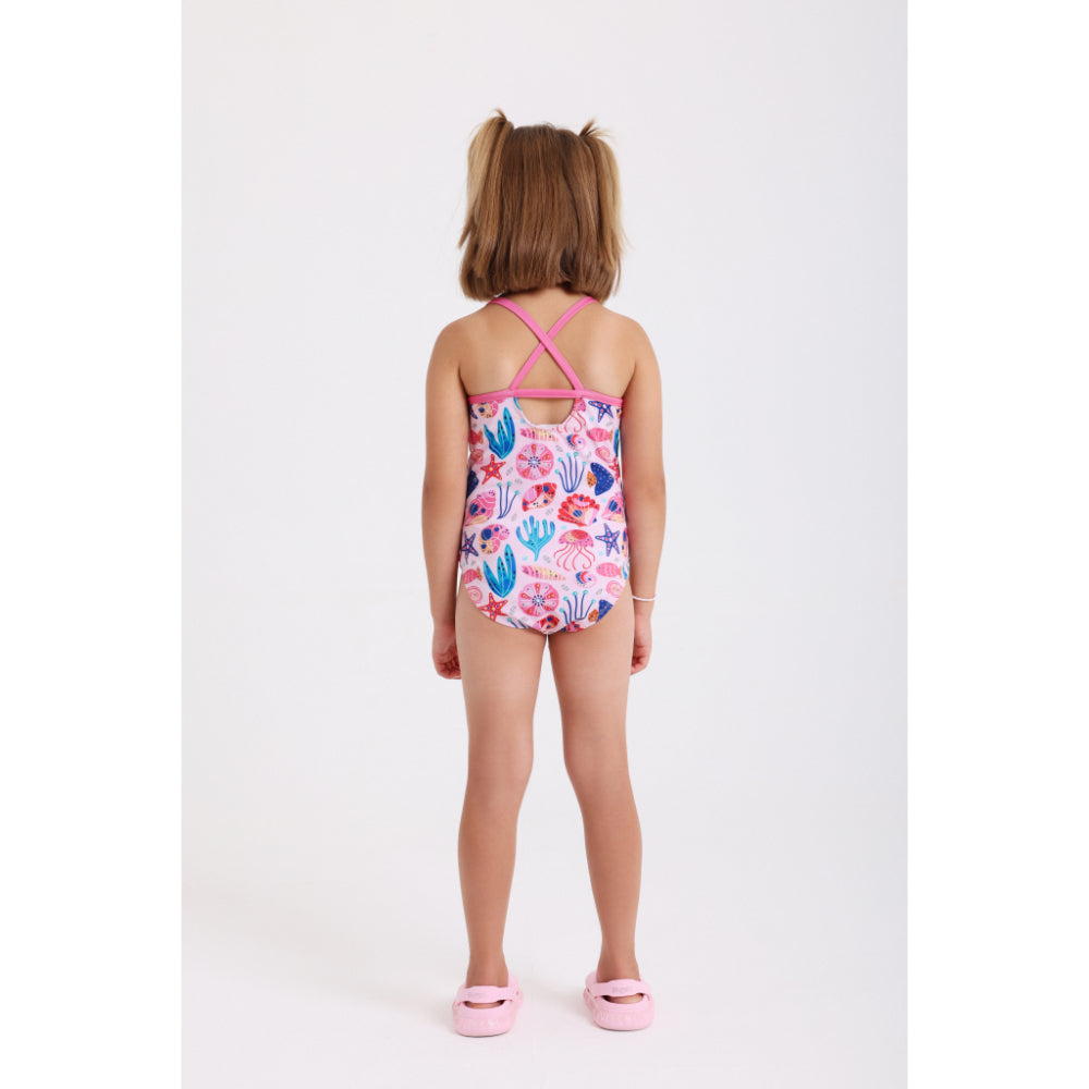 girls one-piece sleeveless swimsuit – pink with under the sea print