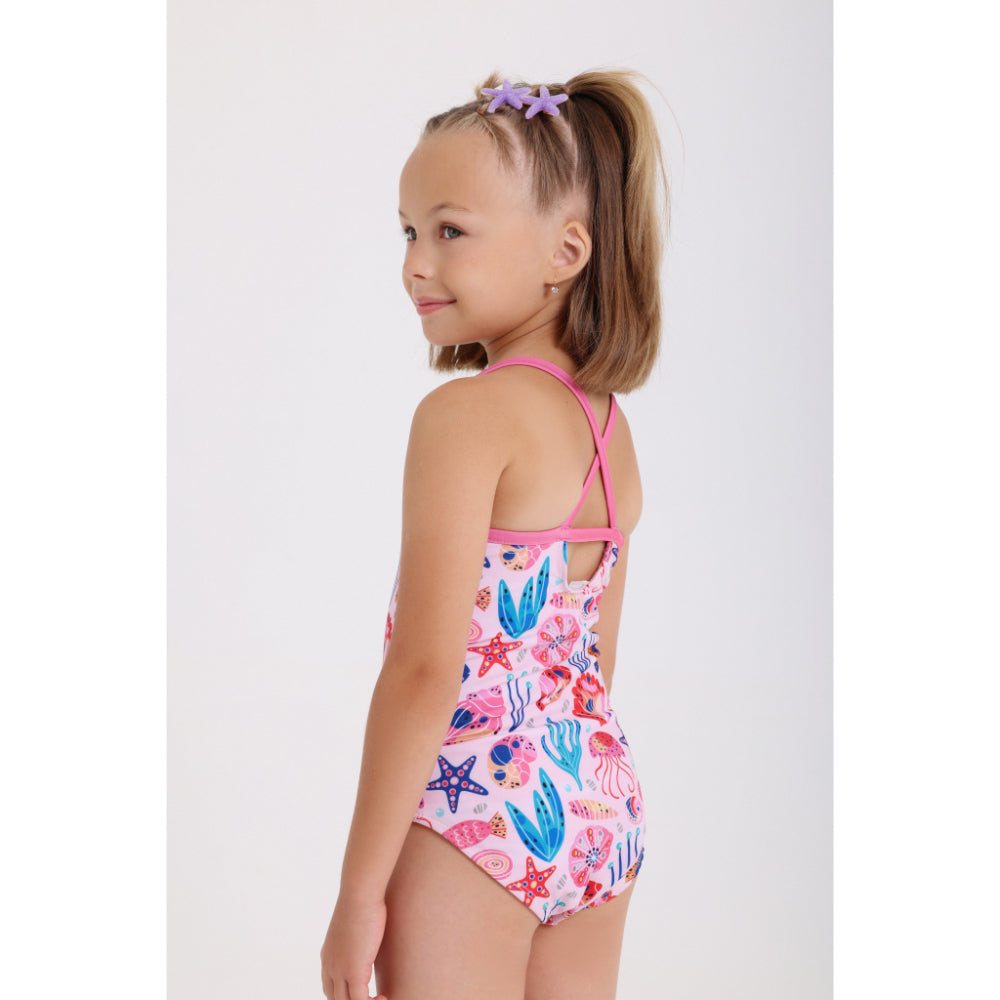girls one-piece sleeveless swimsuit – pink with under the sea print