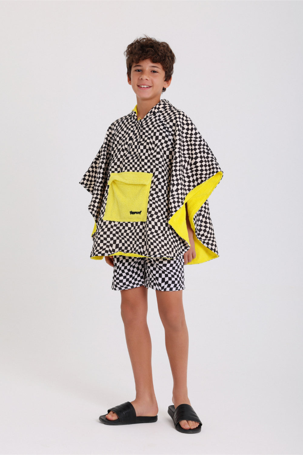 boys waterproof poncho – black & white checkered