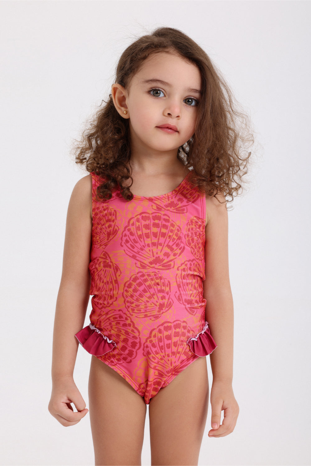 baby girls one-piece sleeveless swimsuit – maroon with shell print