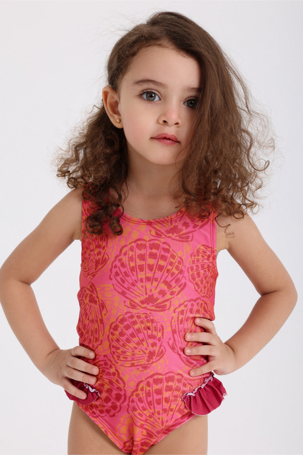 baby girls one-piece sleeveless swimsuit – maroon with shell print