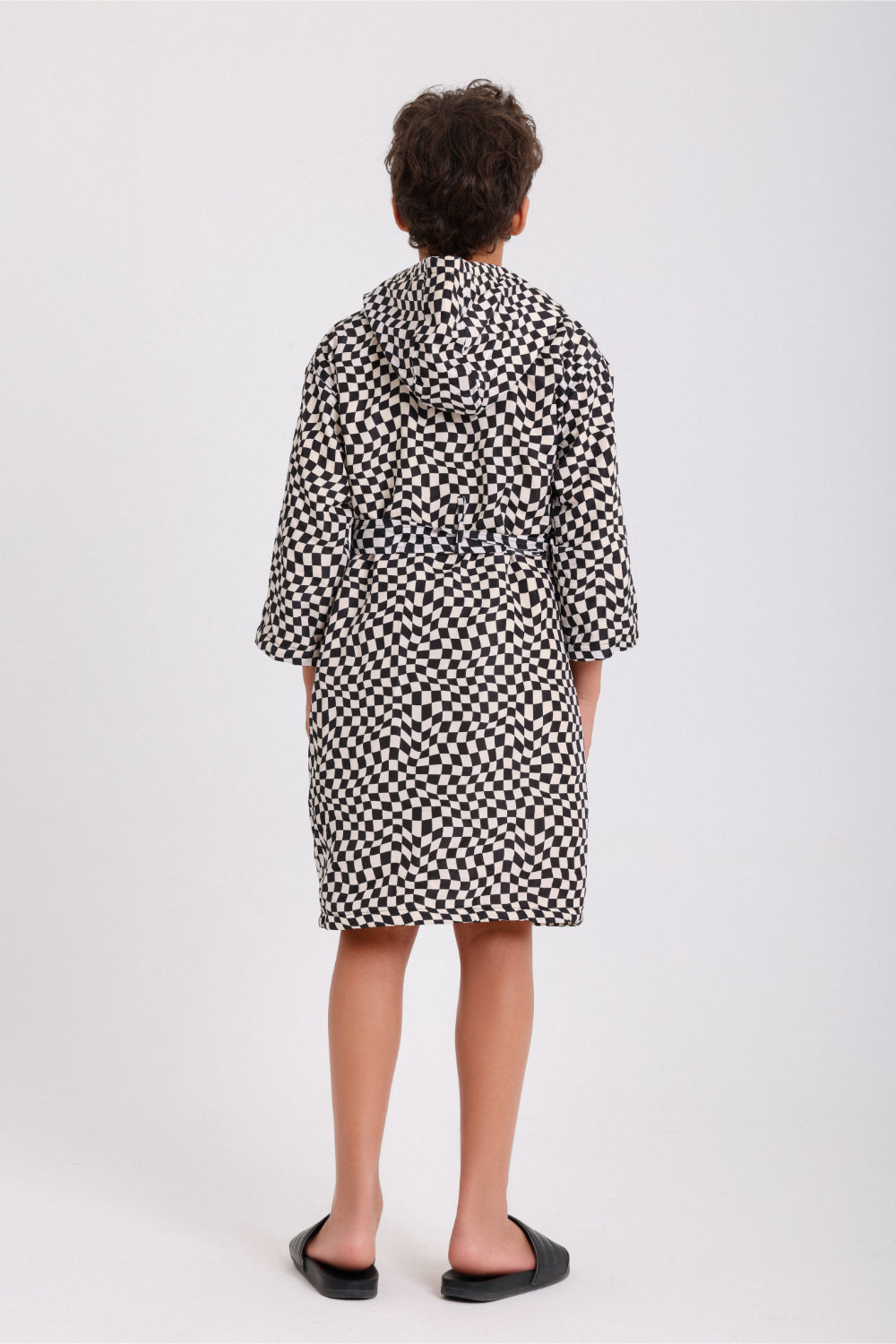 boys waterproof swim robe – black & white with squares print