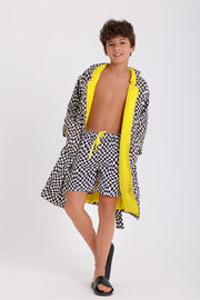 boys waterproof swim robe – black & white with squares print