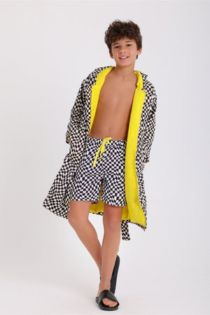 boys waterproof swim robe – black & white with squares print