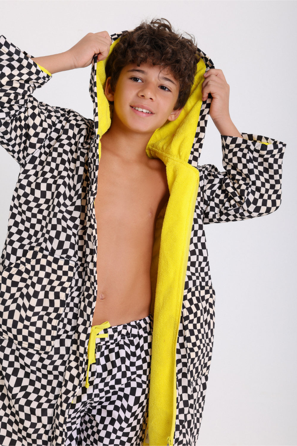boys waterproof swim robe – black & white with squares print