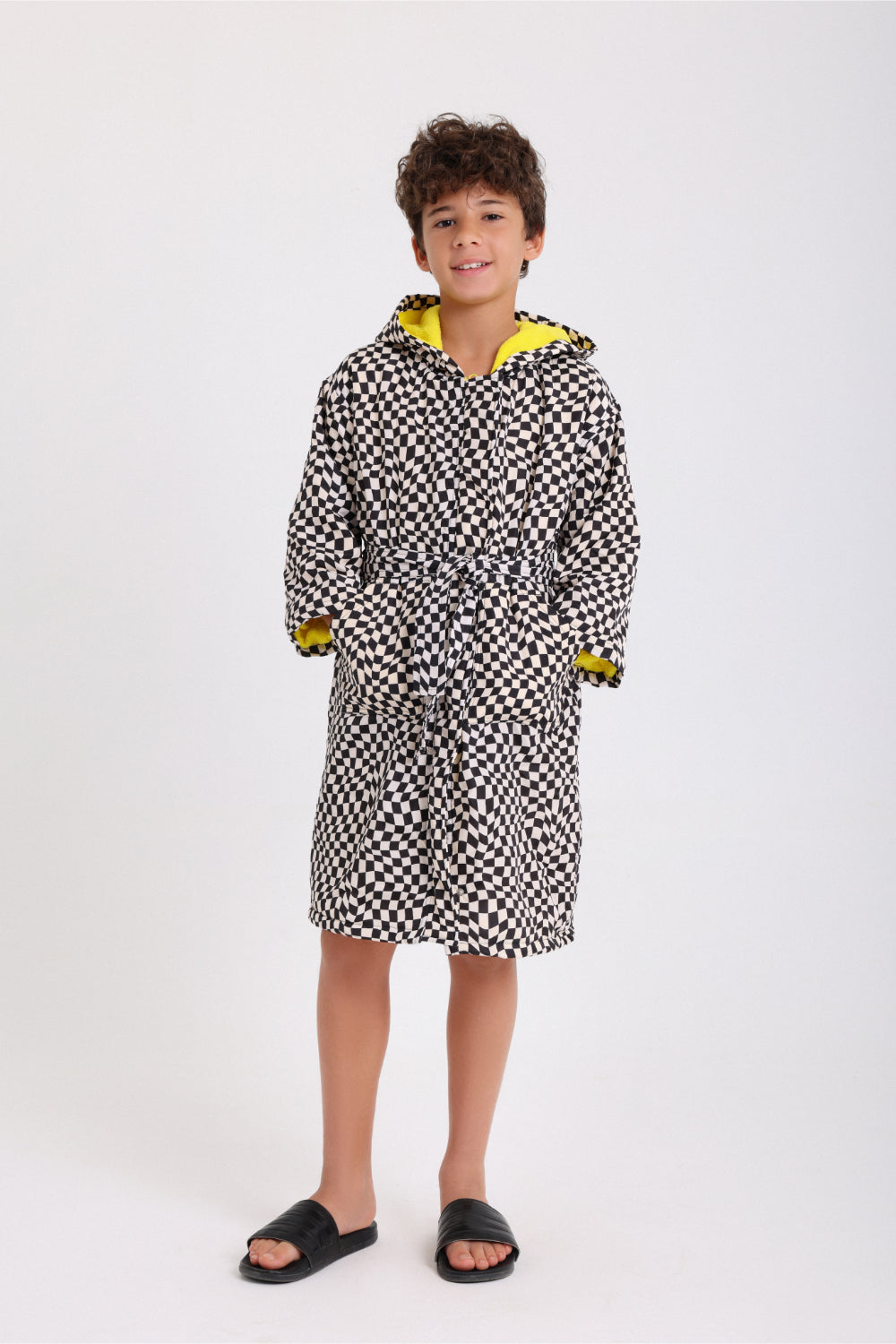 boys waterproof swim robe – black & white with squares print
