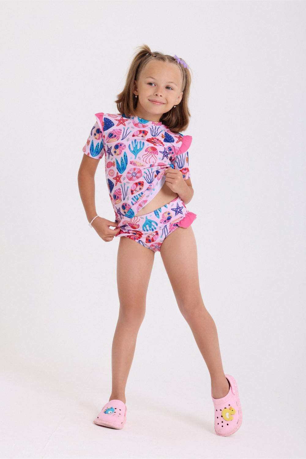 girls 2-piece swimsuit – pink with marine life print