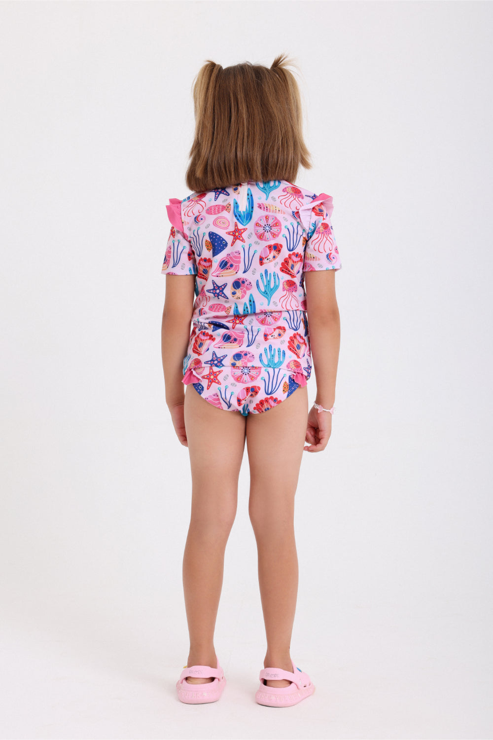 girls 2-piece swimsuit – pink with marine life print