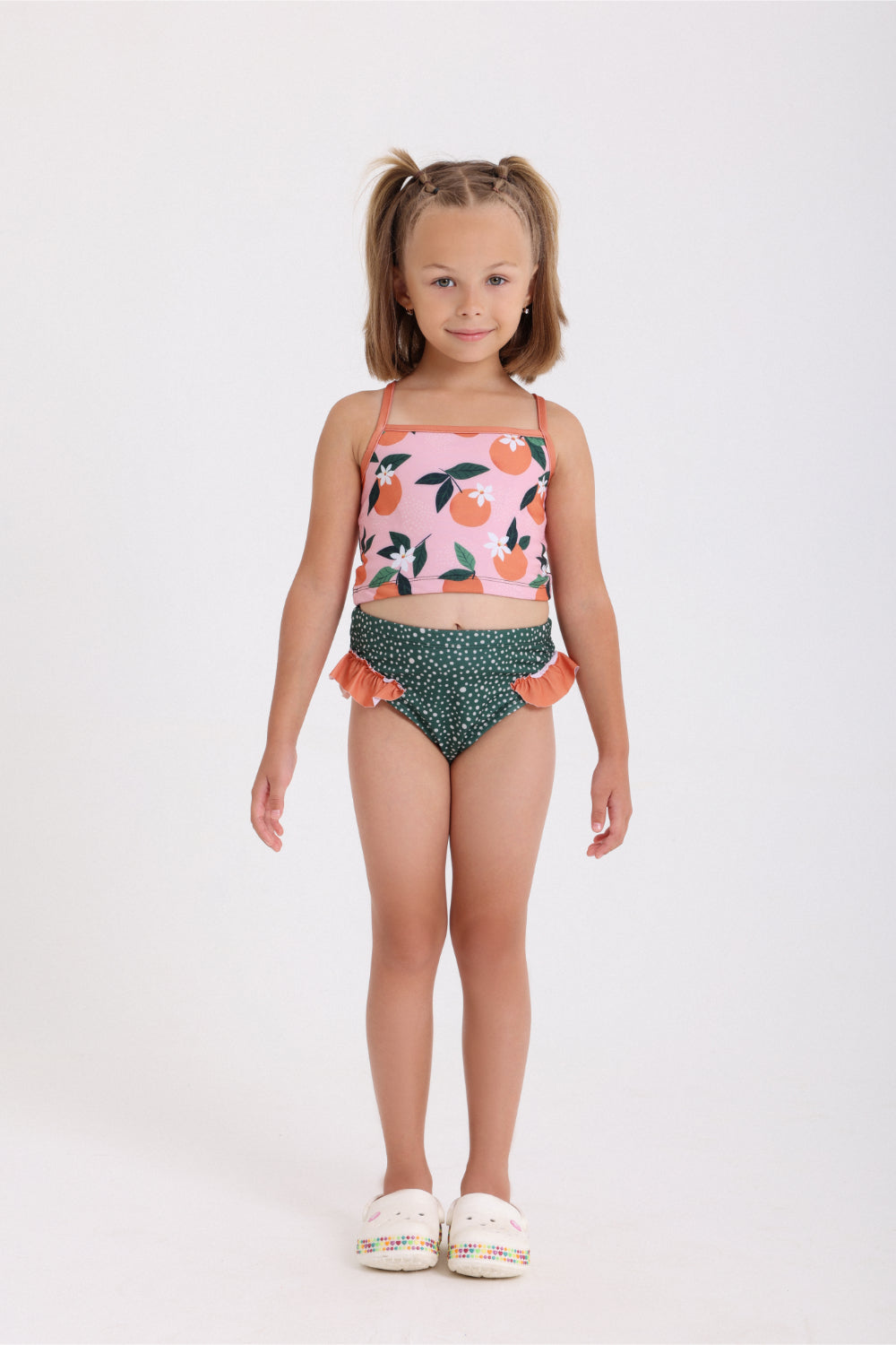 girls 2-piece swimsuit – dusty pink & olive – orange print