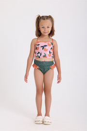 girls 2-piece swimsuit – dusty pink & olive – orange print