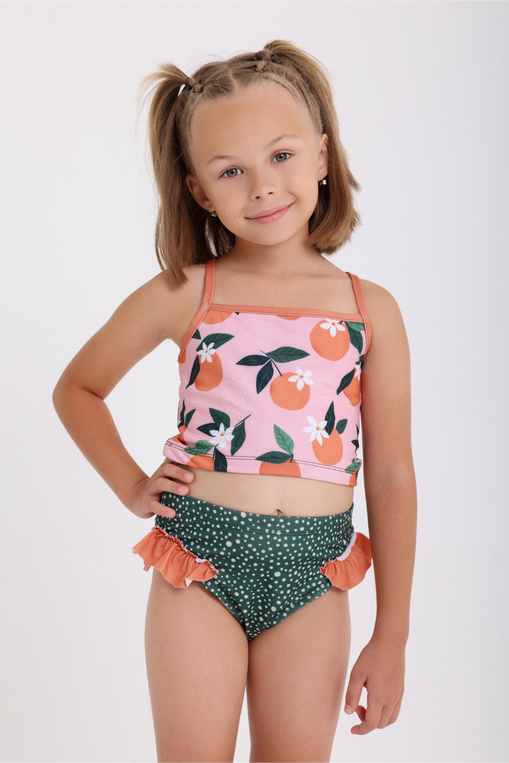 girls 2-piece swimsuit – dusty pink & olive – orange print