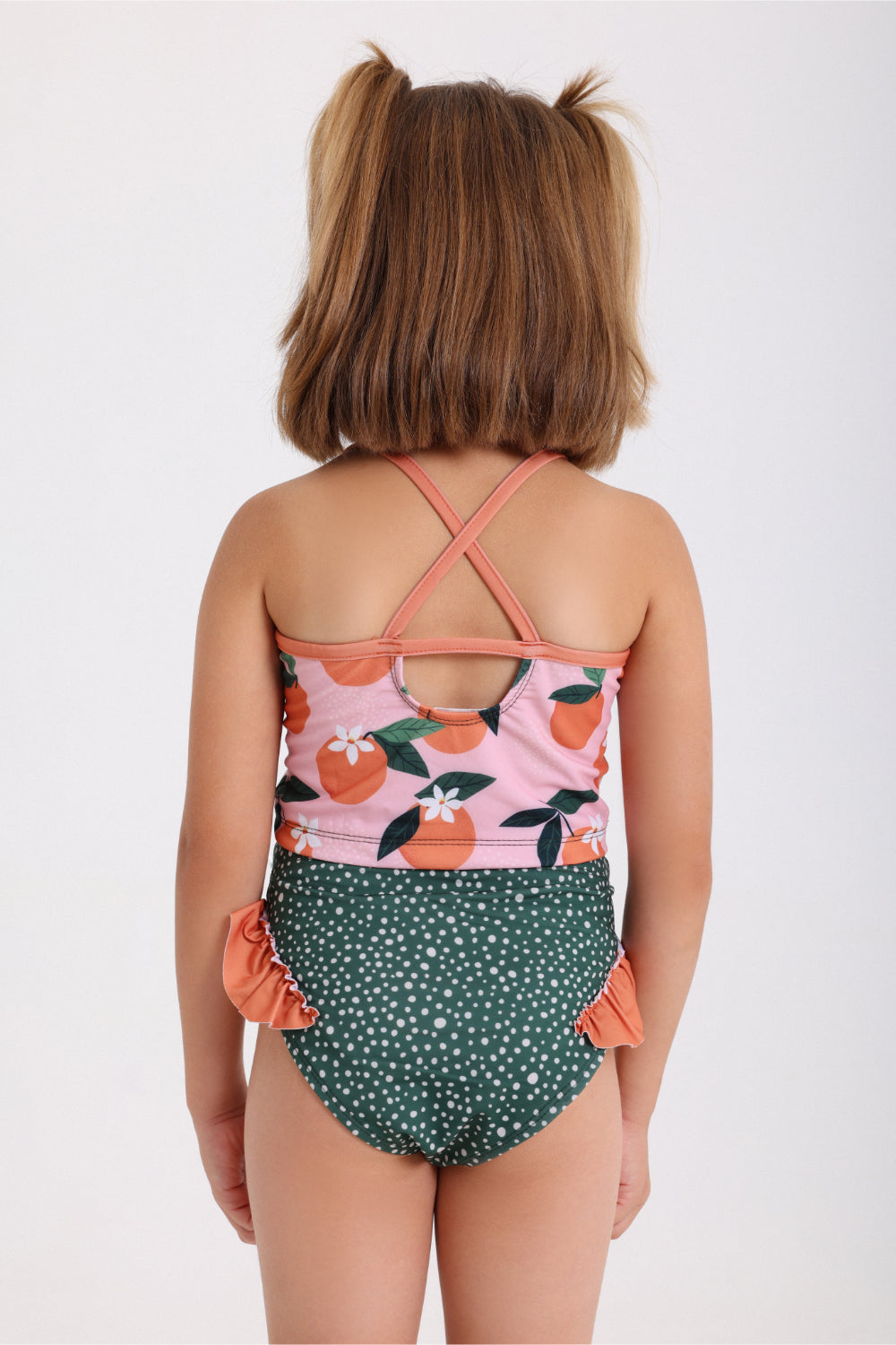 girls 2-piece swimsuit – dusty pink & olive – orange print