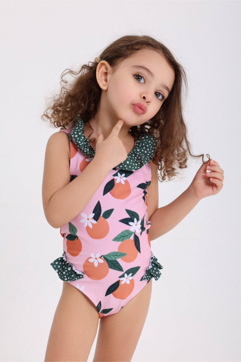 baby girls one-piece sleeveless swimsuit – dusty pink & olive with orange print