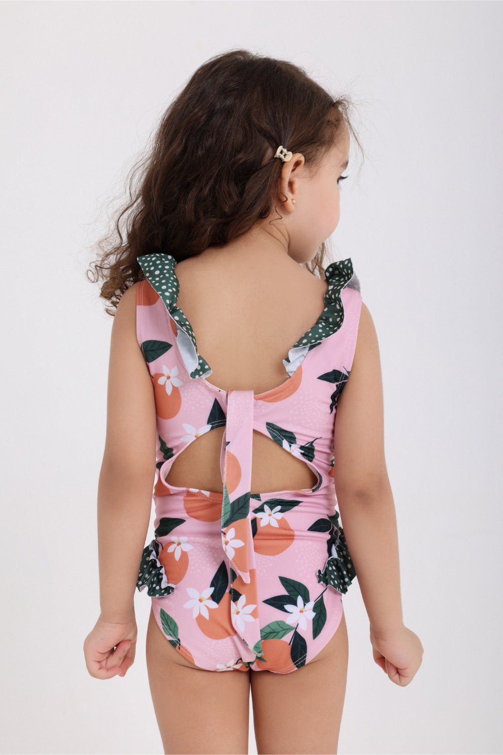baby girls one-piece sleeveless swimsuit – dusty pink & olive with orange print