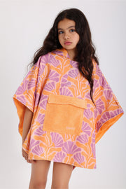 girls waterproof poncho – orange & purple with floral print