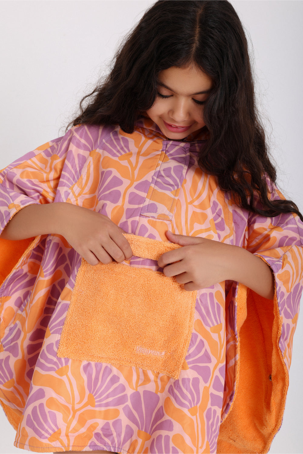 girls waterproof poncho – orange & purple with floral print
