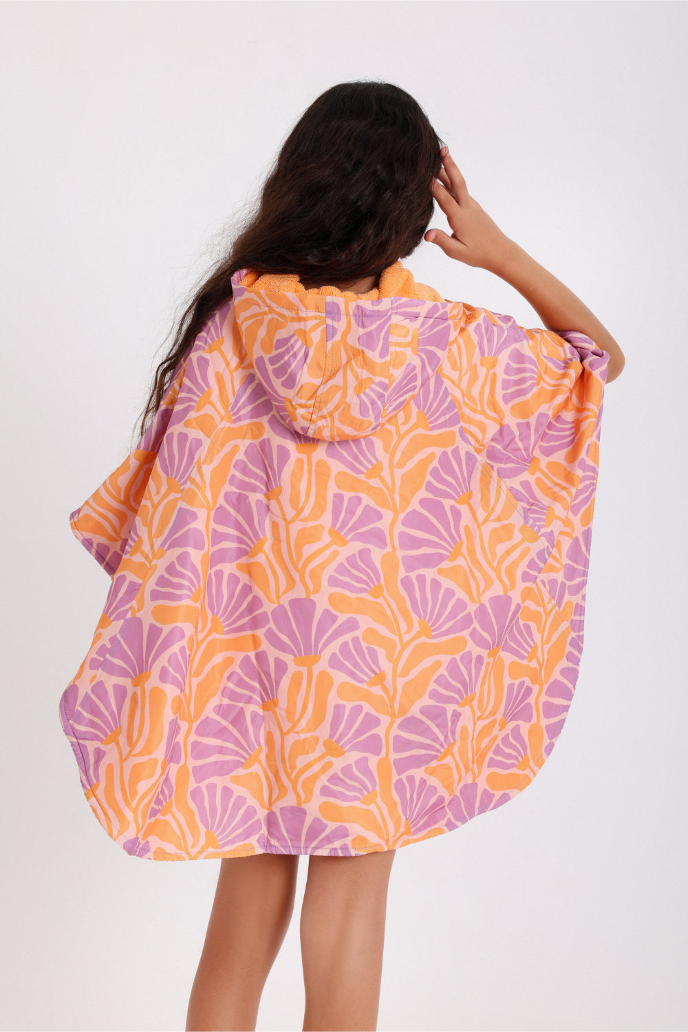 girls waterproof poncho – orange & purple with floral print