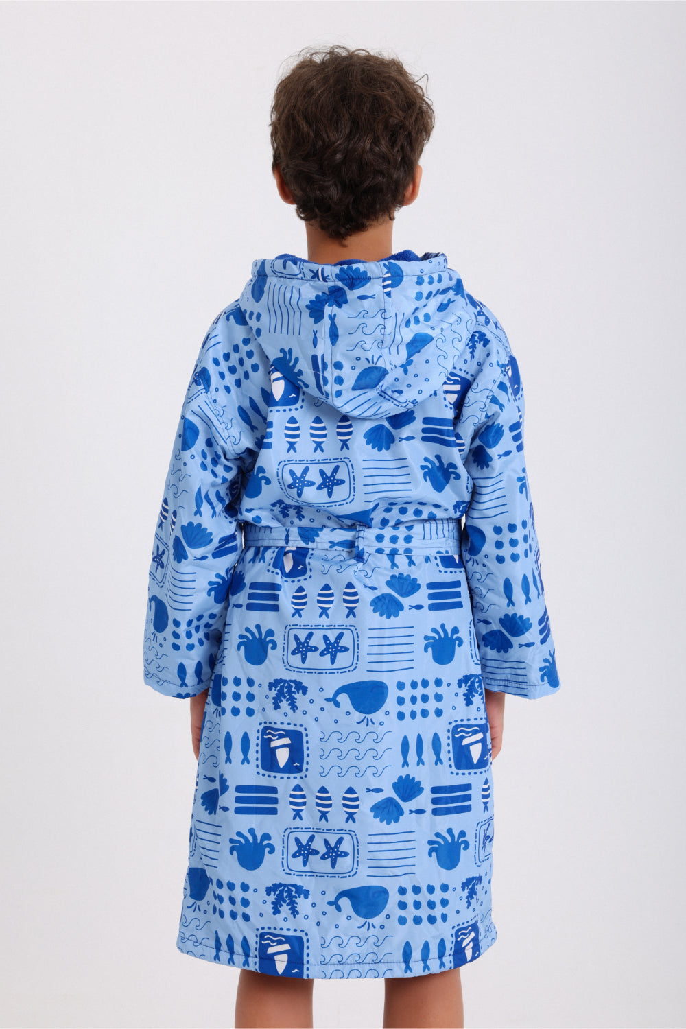 boys waterproof swim robe – baby blue with sea creatures print