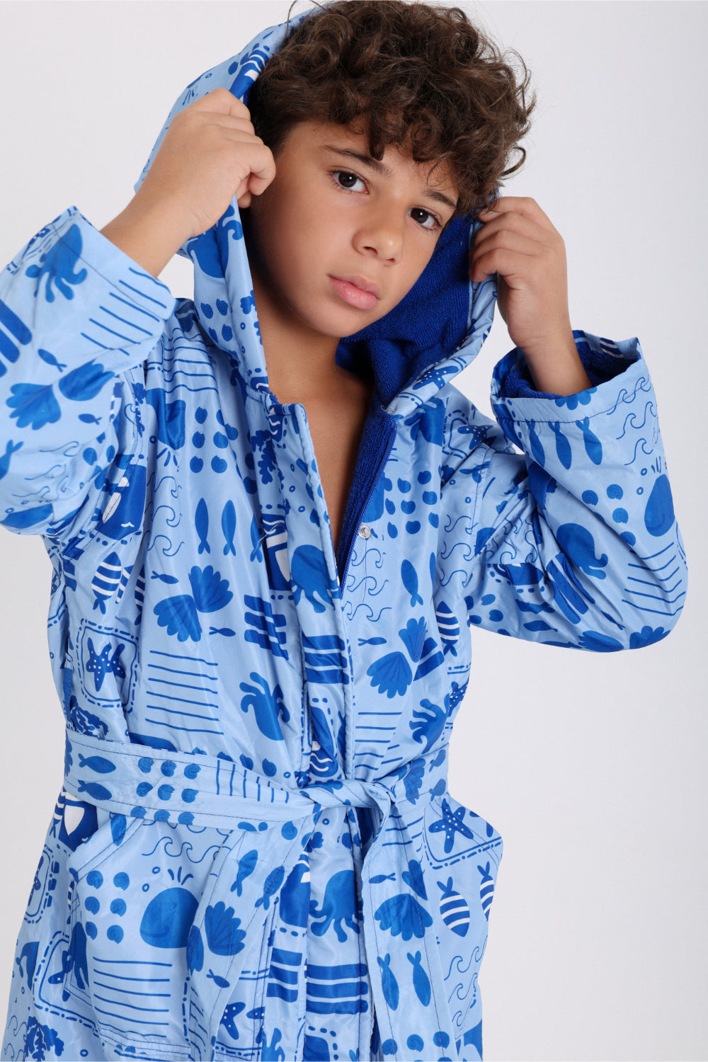 boys waterproof swim robe – baby blue with sea creatures print