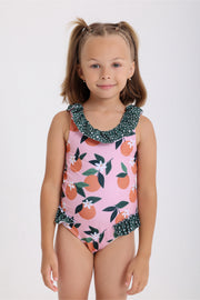girls one-piece swimsuit – dustypink & olive with orange print