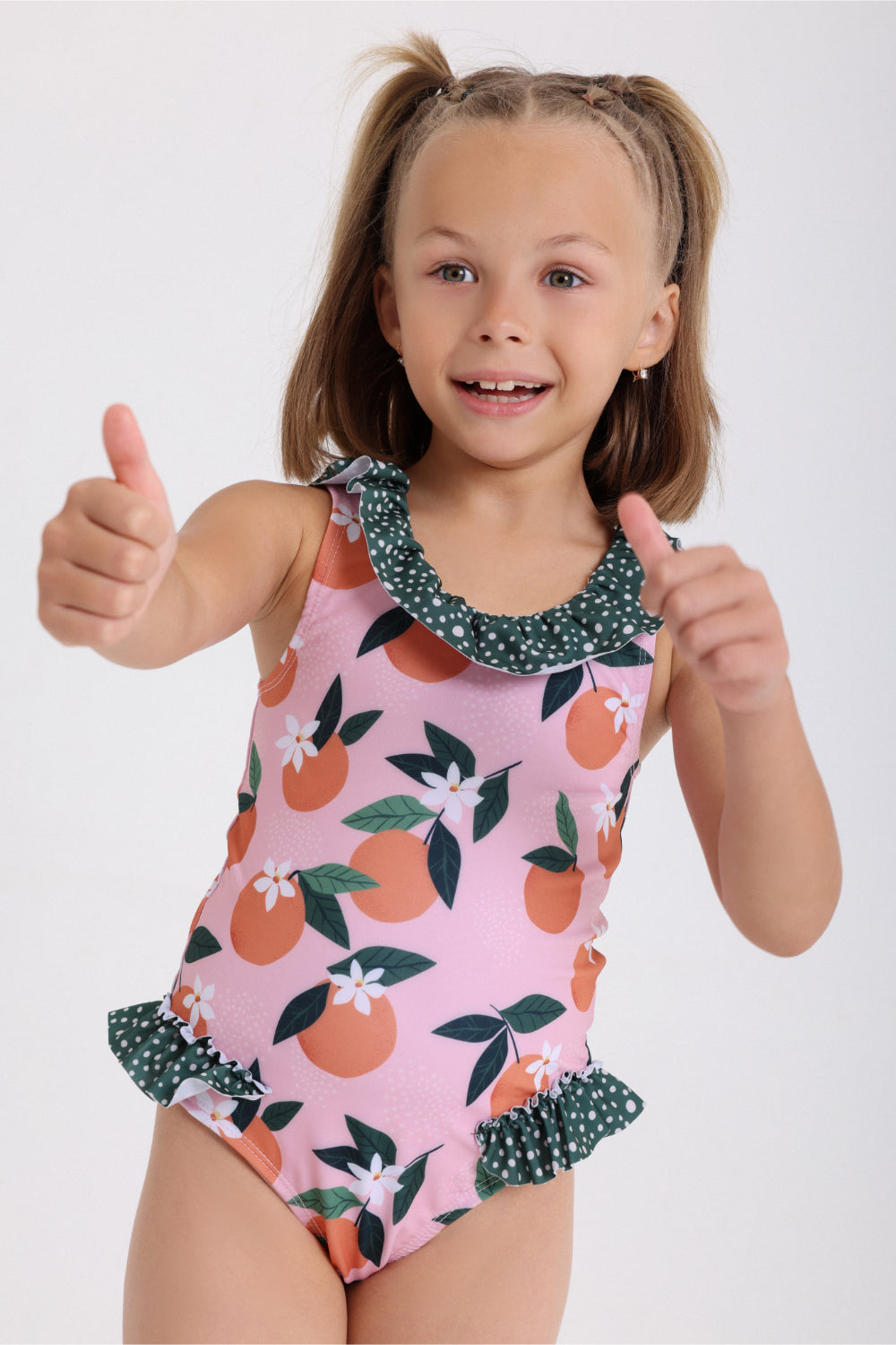 girls one-piece swimsuit – dustypink & olive with orange print