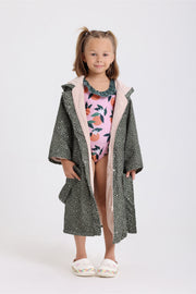 girls waterproof swim robe – olive with polka pattern