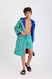 boys waterproof swim robe – green & white striped print