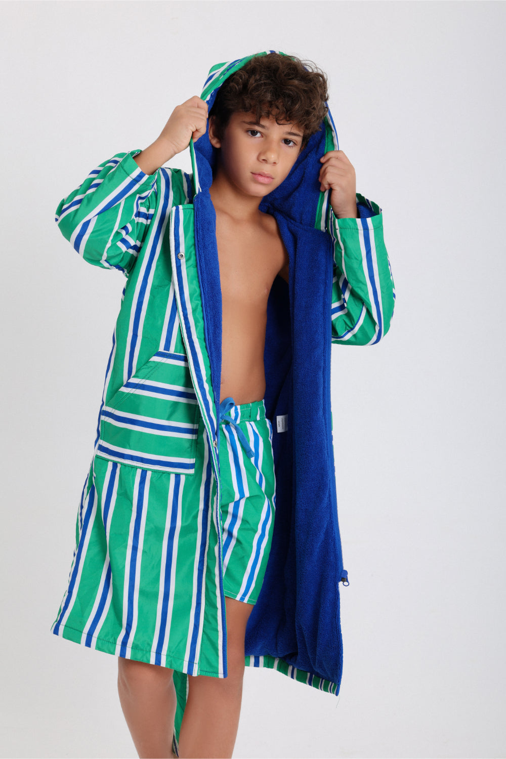 boys waterproof swim robe – green & white striped print