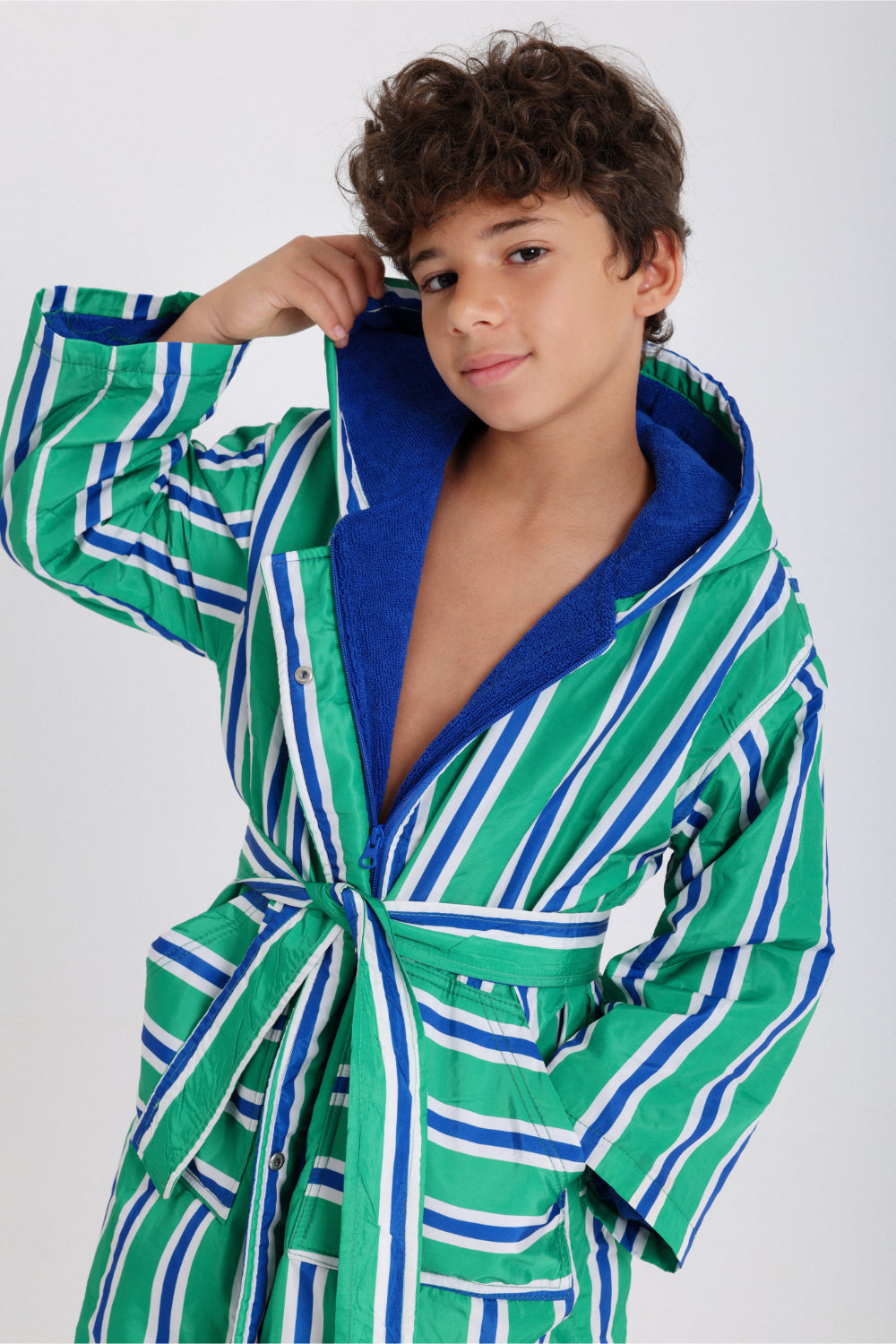 boys waterproof swim robe – green & white striped print