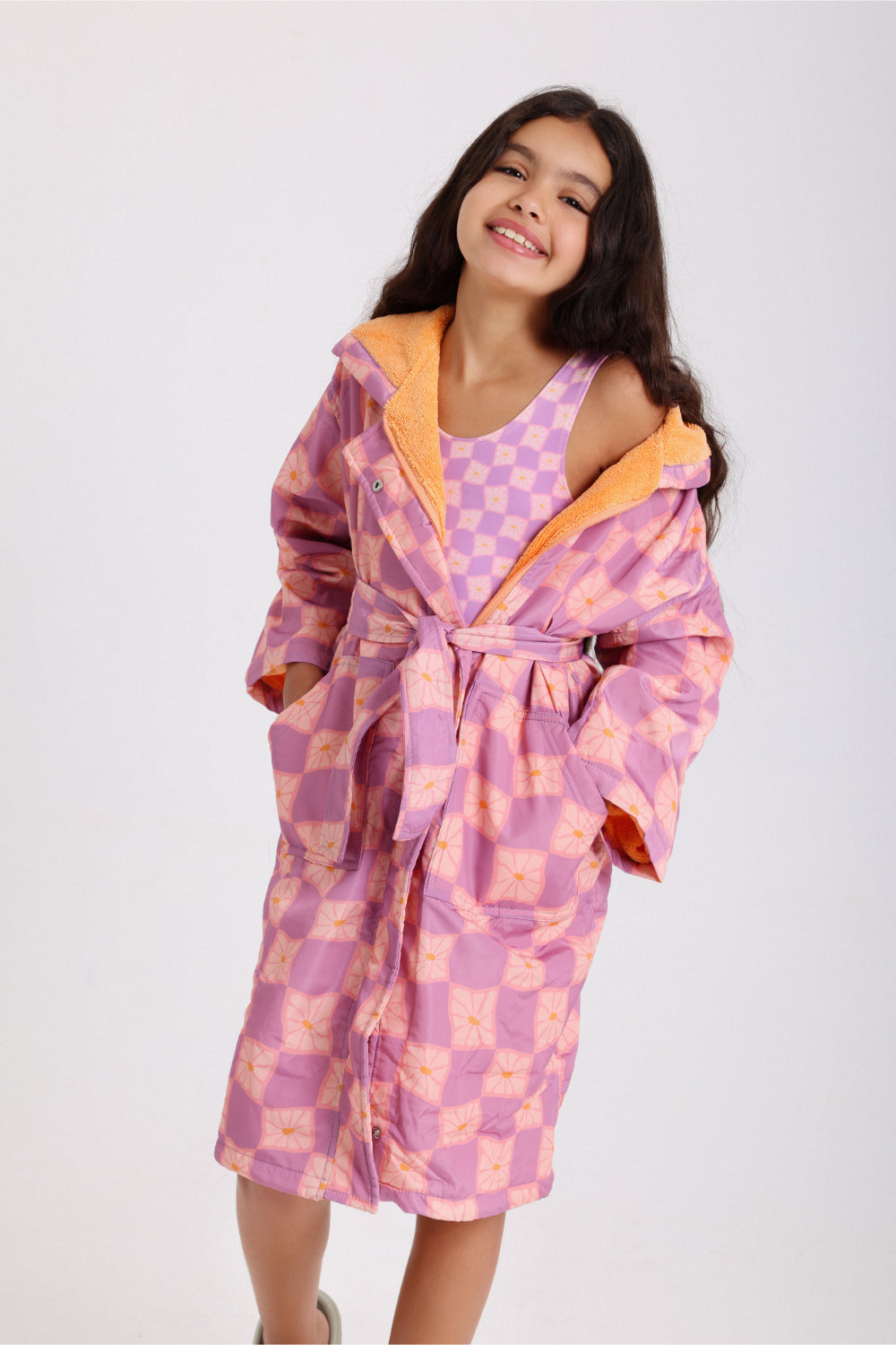 girls waterproof swim robe – dusty pink & purple checkered