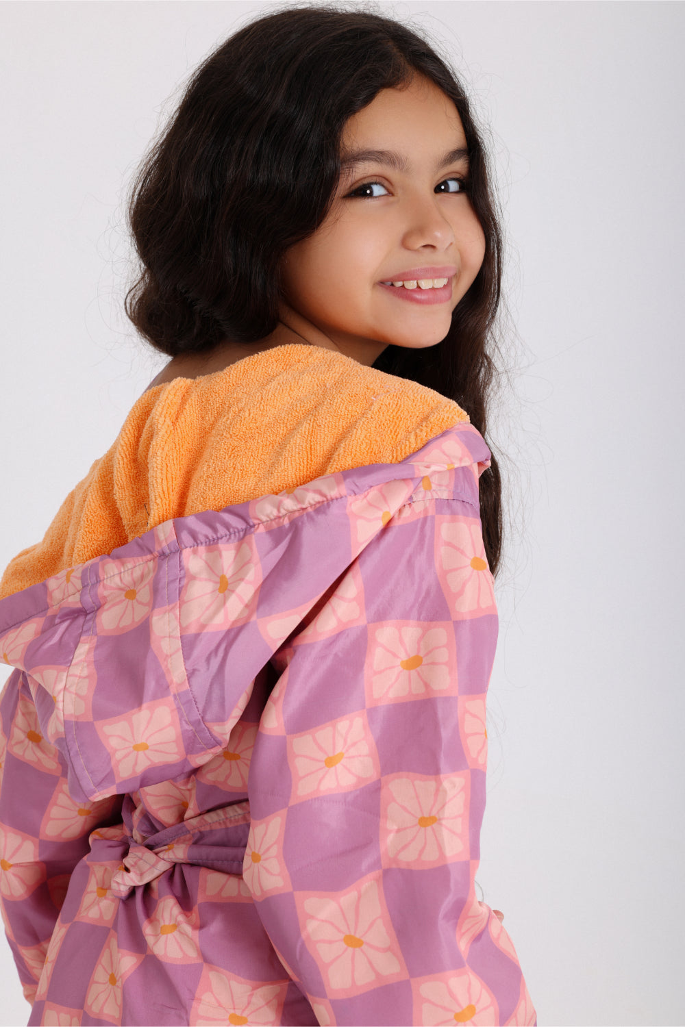 girls waterproof swim robe – dusty pink & purple checkered