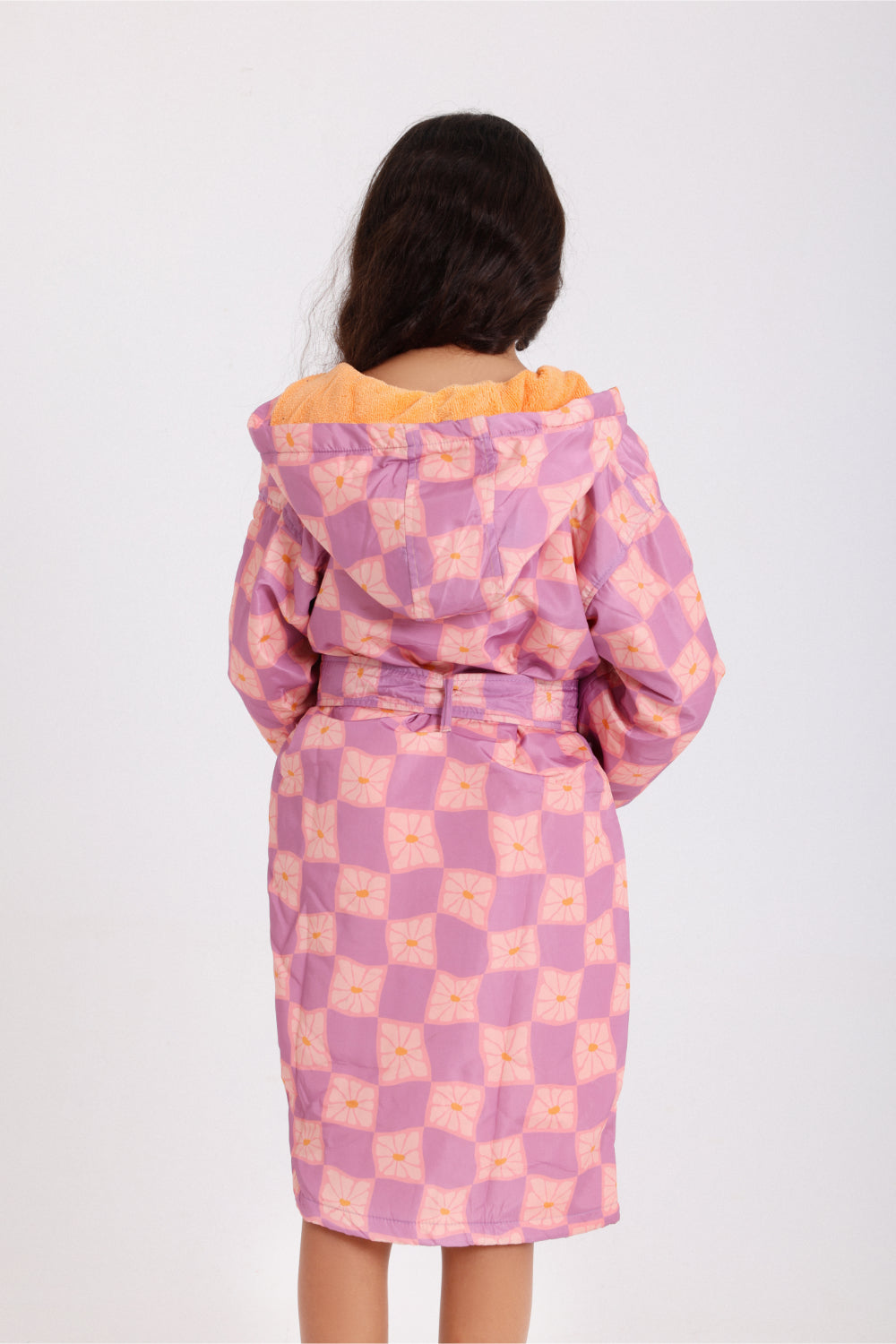 Girls waterproof swim robe – dusty pink & purple checkered