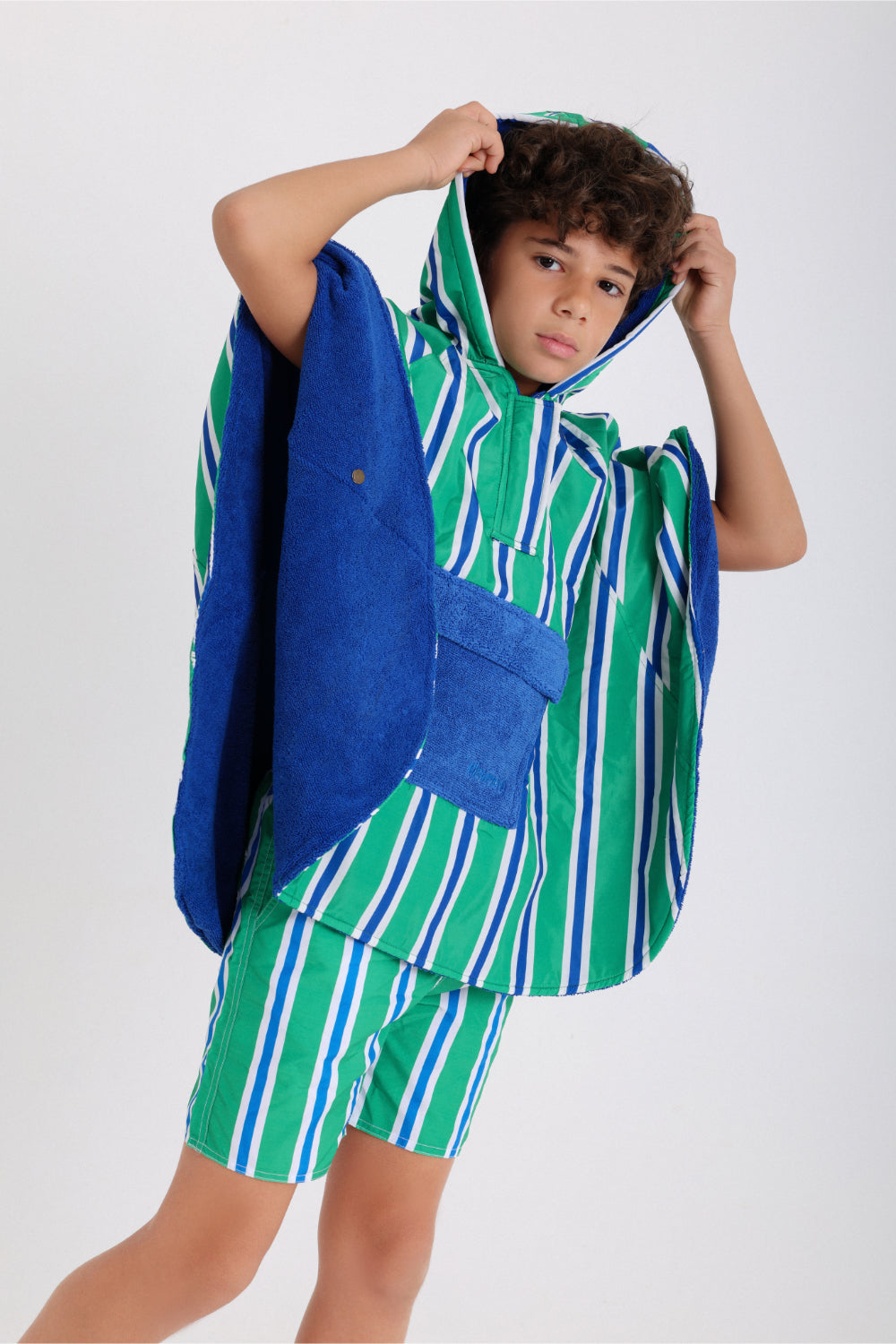 boys waterproof poncho – green & white striped