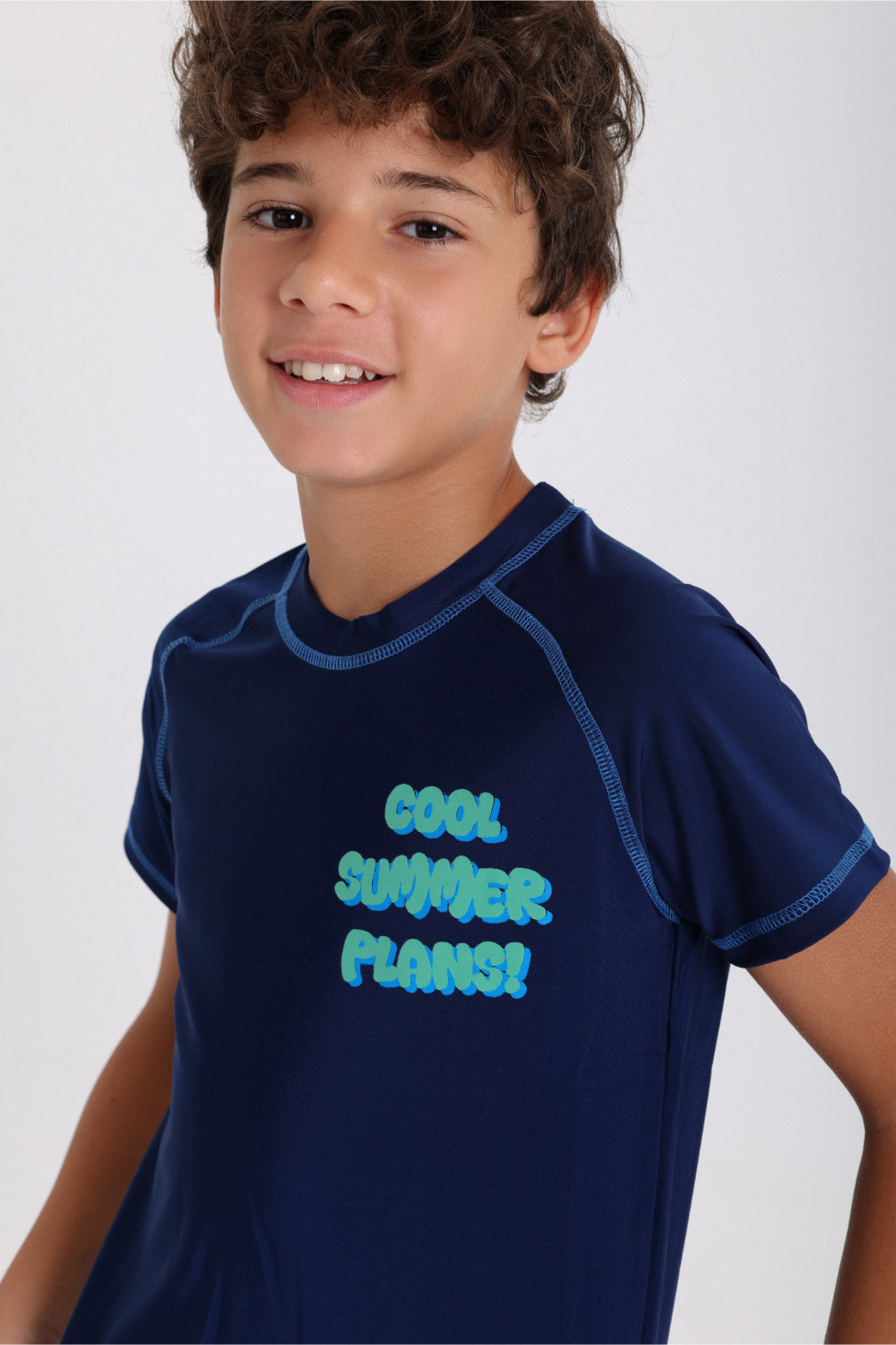 boys short sleeve rash guard – navy with "cool summer plans!" print