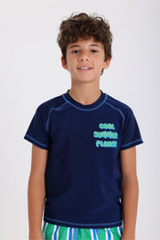 boys short sleeve rash guard – navy with "cool summer plans!" print