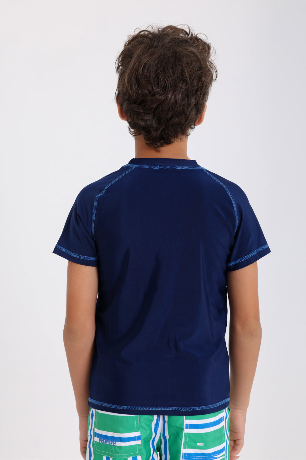 boys short sleeve rash guard – navy with "cool summer plans!" print