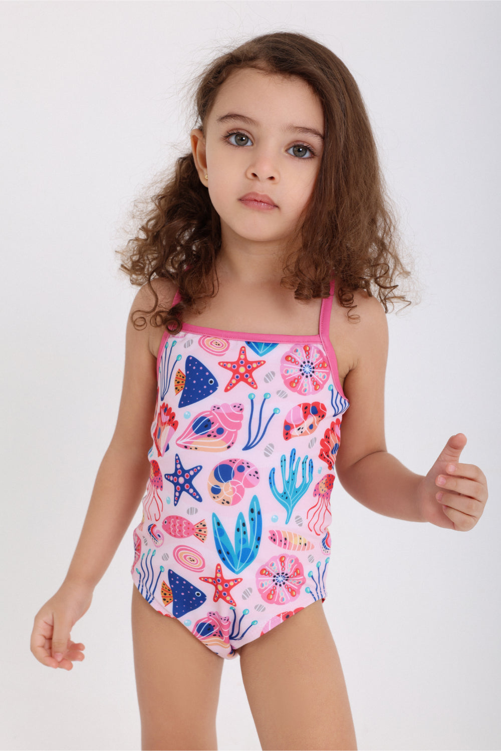 baby girls one-piece swimsuit – pink with sea creatures print