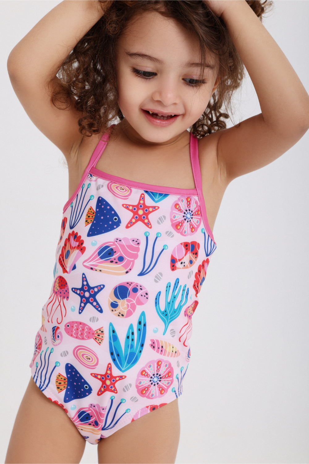 baby girls one-piece swimsuit – pink with sea creatures print