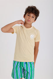 boys short sleeve rash guard – beige with "life is better on the beach" print