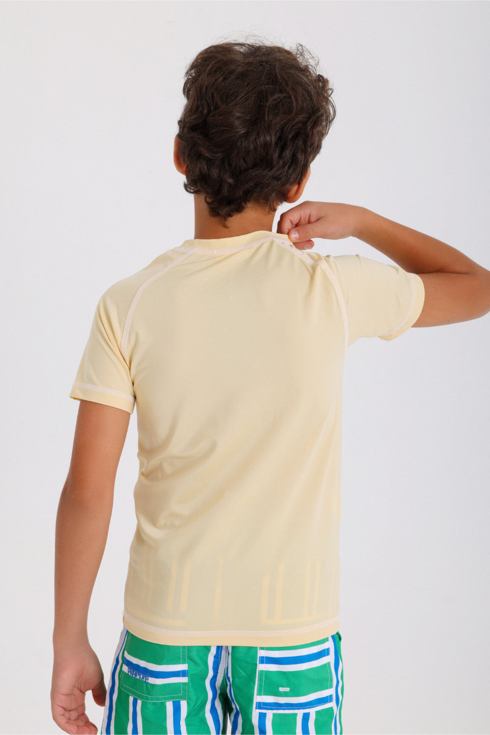 boys short sleeve rash guard – beige with "life is better on the beach" print