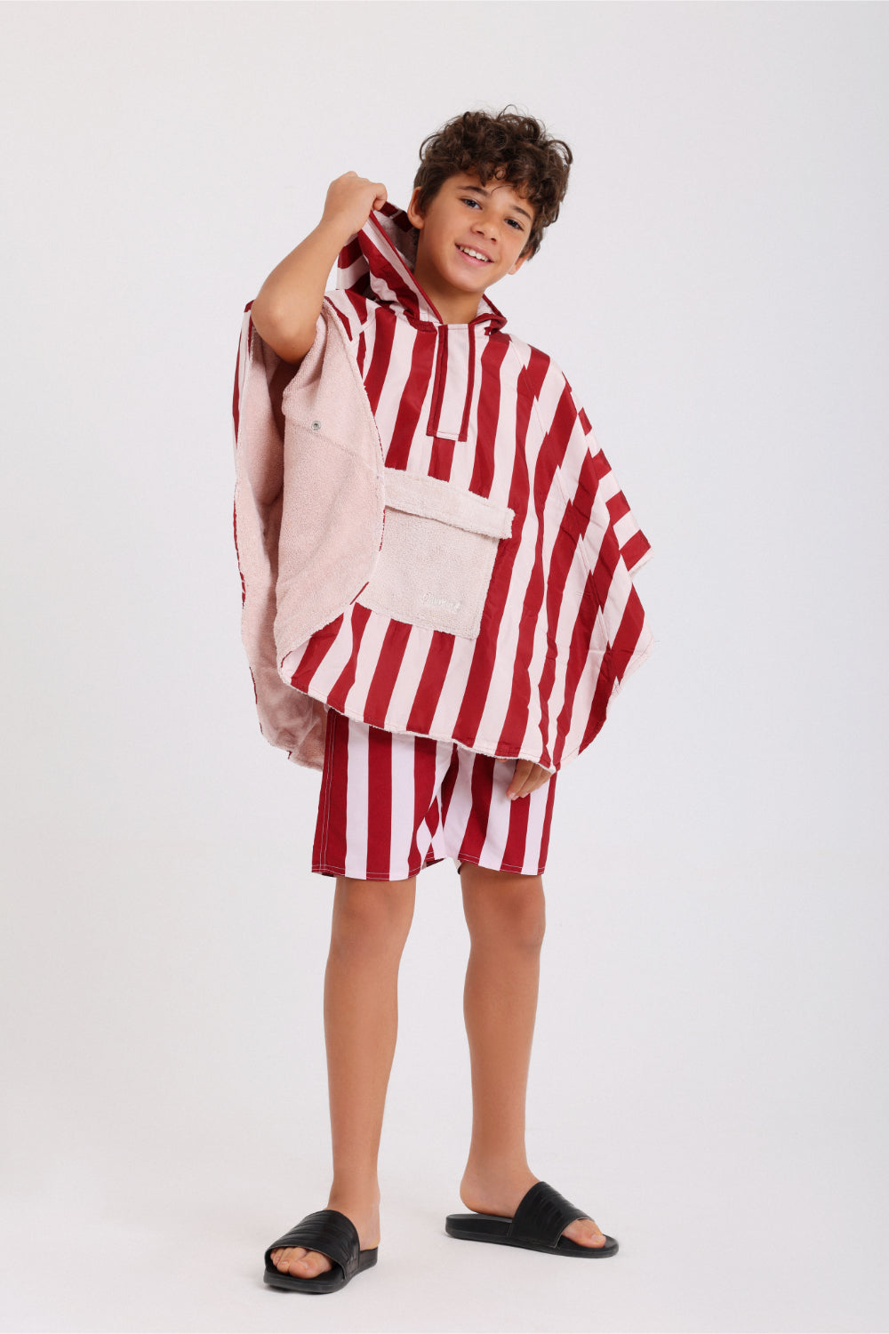 boys waterproof poncho – marron & white striped