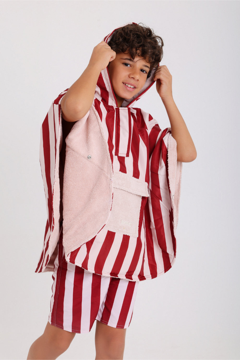 boys waterproof poncho – marron & white striped