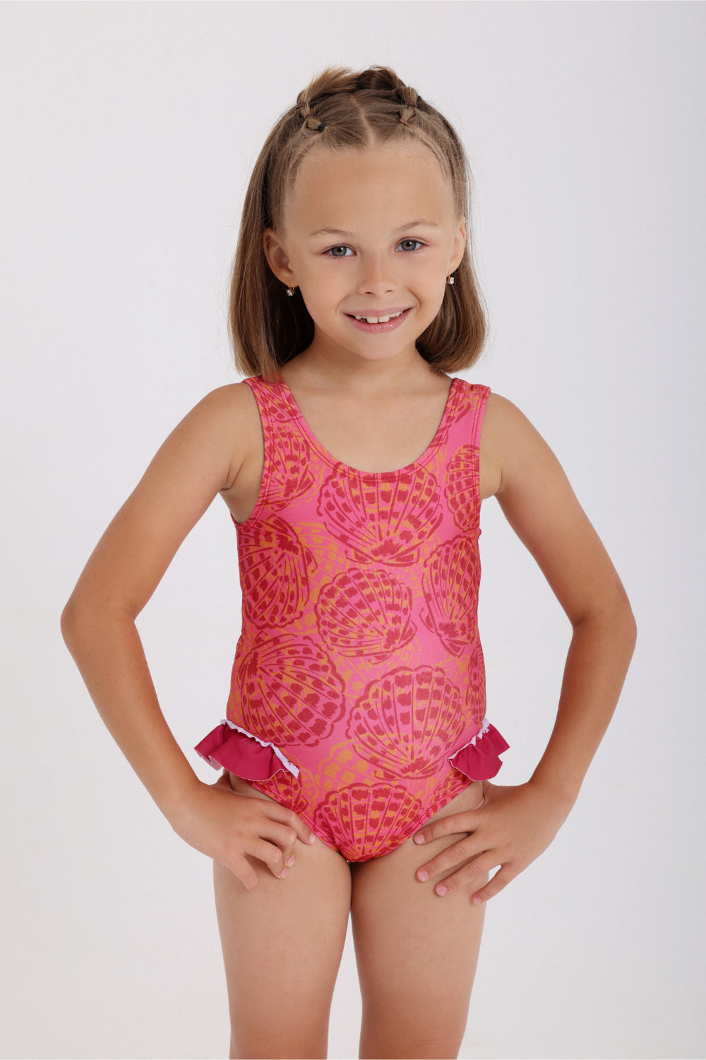 baby girls one-piece sleeveless swimsuit – maroon with shell print