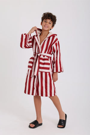 boys waterproof swim robe – marron & white striped print
