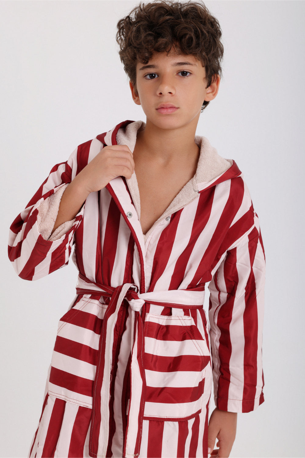 boys waterproof swim robe – marron & white striped print